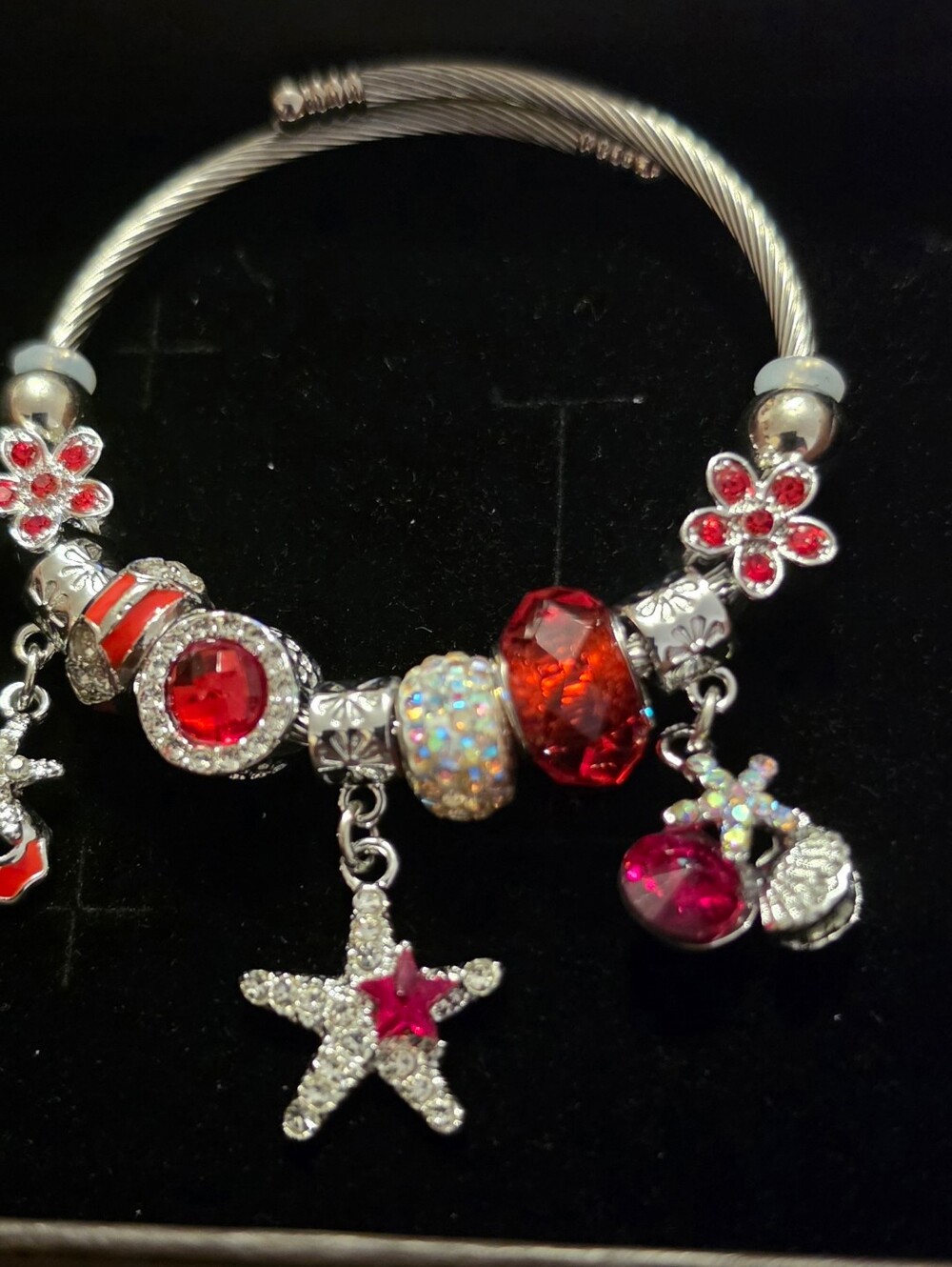 Silver Charm Bracelet with Red and Pink Crystal Accents